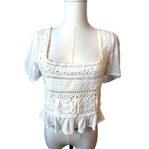Sim & Sam Womens Crochet & Ruffle Top XL White